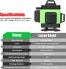A product image showing a laser level with a table of specifications. Produktbild-Vorschau