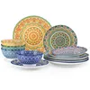 A set of ceramic plates and bowls with a boho-inspired mandala pattern, arranged on a white background. Produktbild-Vorschau