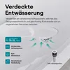 Close-up of a white sink drain with arrows indicating water flow and text highlighting features. Produktbild-Vorschau