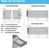 Diagrams and text explaining the dimensions of a drawer and its components. Produktbild-Vorschau