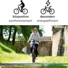A woman rides an electric bicycle on a path with trees and a stone wall in the background. Above the image are two icons with German text describing features. Produktbild-Vorschau