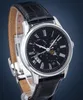 A close-up studio shot of a men's wristwatch with a black dial and a black leather strap. Podgląd zdjęcia produktu