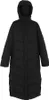 A full-length studio shot of a black puffer coat.