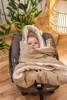 A baby wrapped in a blanket in a car seat, with a plant and a lamp in the background. Produktbild-Vorschau