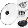 A collage of cookware items including a glass lid, a small saucepan, a larger pot, and a frying pan. Podgląd zdjęcia produktu