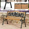A garden bench is shown in a courtyard setting with decorative elements and text overlays highlighting features. Produktbild-Vorschau