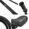 A collage of close-up shots of a black balance bike, showing the frame with branding, the handlebar grip, the tire tread, and the seat. Produktbild-Vorschau