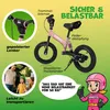 A marketing image for a pink children's balance bike, highlighting its features and safety. Produktbild-Vorschau
