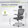A diagram showing the dimensions of an office chair, with text and a logo. Podgląd zdjęcia produktu
