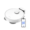 A white robot vacuum cleaner with a charging dock and a smartphone displaying a cleaning map. Produktbild-Vorschau