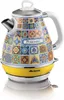 A colorful electric kettle with a tiled design and a yellow base. Náhled obrázku produktu