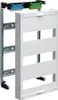 A white electrical distribution box mounted on a gray metal rail system with blue and green connectors at the top. Podgląd zdjęcia produktu