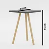A square side table with three wooden legs against a white background. Dimensions are indicated. Produktbild-Vorschau