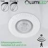 A close-up view of a white motion sensor light fixture, likely for a ceiling installation, with diagrams and text indicating its features and specifications. Produktbild-Vorschau