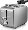 A stainless steel toaster with chrome accents and black handles for the toast rack. Podgląd zdjęcia produktu