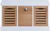 A front view of a white and natural wood storage bench with three drawers. Produktbild-Vorschau
