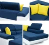 A collage of four close-up images of a blue and white sectional sofa with yellow accent pillows. Náhľad obrázku produktu