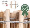 A close-up of a wooden fence with wire bindings, accompanied by instructional graphics and a quality badge. Produktbild-Vorschau