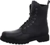 A black leather boot with laces and fur lining. Voir les images du produit