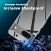 A clear phone case is shown on a dark, rocky surface, with text highlighting its protective features. Produktbild-Vorschau