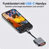 A smartphone connected to a USB-C card reader adapter, showing a photo editing interface on the phone screen. Produktbild-Vorschau