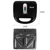 Top view of a black sandwich maker and its internal plates, with dimensions indicated. Voir les images du produit