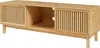 A wooden TV stand with slatted sliding doors and open shelving. Podgląd zdjęcia produktu