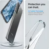 A clear phone case is shown with a phone inside, and text describing its protective features. Produktbild-Vorschau