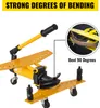 A yellow hydraulic pipe bender is shown with a close-up inset demonstrating a bent pipe. Voir les images du produit