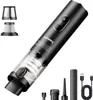 A black cordless handheld vacuum cleaner with accessories and filters displayed against a white background. Produktbild-Vorschau