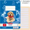 A notebook cover with a puppy illustration and a view of the lined pages. Produktbild-Vorschau