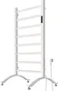 A white, freestanding heated towel rack with multiple bars and a digital control panel on the side. Produktbild-Vorschau