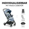 A blue stroller with various accessories displayed next to it, including a sunshade, seat liner, and rain cover. Produktbild-Vorschau