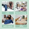 A collage of four images showing a blue phone case being used in different scenarios: taking a selfie, live streaming, watching a movie with family, and on a desk for office work. Voir les images du produit