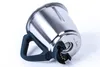 A stainless steel mixing bowl with a dark gray handle and blades, shown from a low angle against a white background. Produktbild-Vorschau