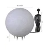 A spherical outdoor lamp with ground spikes and a power cord, shown with dimensions indicated. Produktbild-Vorschau