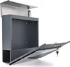 A modern gray mailbox with its doors open, revealing the interior and a key attached to the lower door. Produktbild-Vorschau