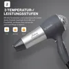 A dark gray background with a gray and silver hair dryer prominently displayed. Text overlays describe the product's features. Anteprima dell’immagine prodotto
