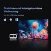 A small white projector is shown on the left, projecting an image onto multiple screens of different sizes, including a laptop, tablet, and smartphone. The projected image is a colorful underwater scene with jellyfish. Text overlays describe connectivity o Produktbild-Vorschau