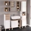 A bathroom vanity set with a sink, cabinets, and shelves. Produktbild-Vorschau