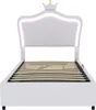 A white upholstered bed frame with a crown-shaped headboard and integrated LED lighting, shown from the front with the wooden slatted base visible. Náhled obrázku produktu