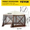 A VEVOR screen tent is shown with product specifications and dimensions overlaid. Podgląd zdjęcia produktu