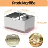 A diagram showing the dimensions of a tofu press, with additional inset images of tofu being processed and cut. Produktbild-Vorschau