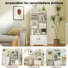 A collage of images showing a white bookshelf in different room settings: a living room, a home office, and a playroom. Produktbild-Vorschau