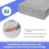 A close-up of a gray fitted sheet with a hand resting on it, accompanied by marketing text and a 'Made in EU' logo. Produktbild-Vorschau