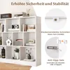 A white bookshelf with various items on its shelves, accompanied by diagrams illustrating safety features. Náhľad obrázku produktu