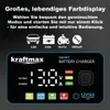 A battery charger with a digital display showing voltage and current, along with mode selection icons and text describing its features. Produktbild-Vorschau