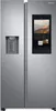 A silver Samsung side-by-side refrigerator with a large touchscreen display on the right door. Produktbild-Vorschau