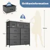 A size chart and diagram illustrating the dimensions of a fabric dresser with drawers, alongside a silhouette of a person for scale. Voir les images du produit