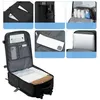 A collage of images showing different features and compartments of a black travel backpack. Podgląd zdjęcia produktu